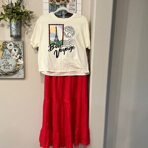 Bohemian red maxi skirt graphic tee